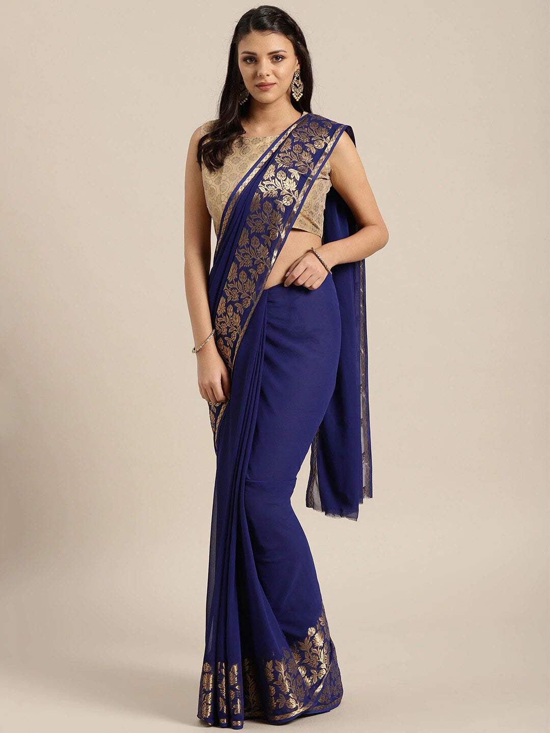 Kalini Navy Blue & Gold-Toned Zari Saree - Distacart