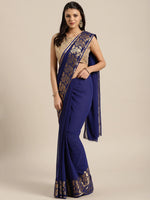 Thumbnail for Kalini Navy Blue & Gold-Toned Zari Saree - Distacart