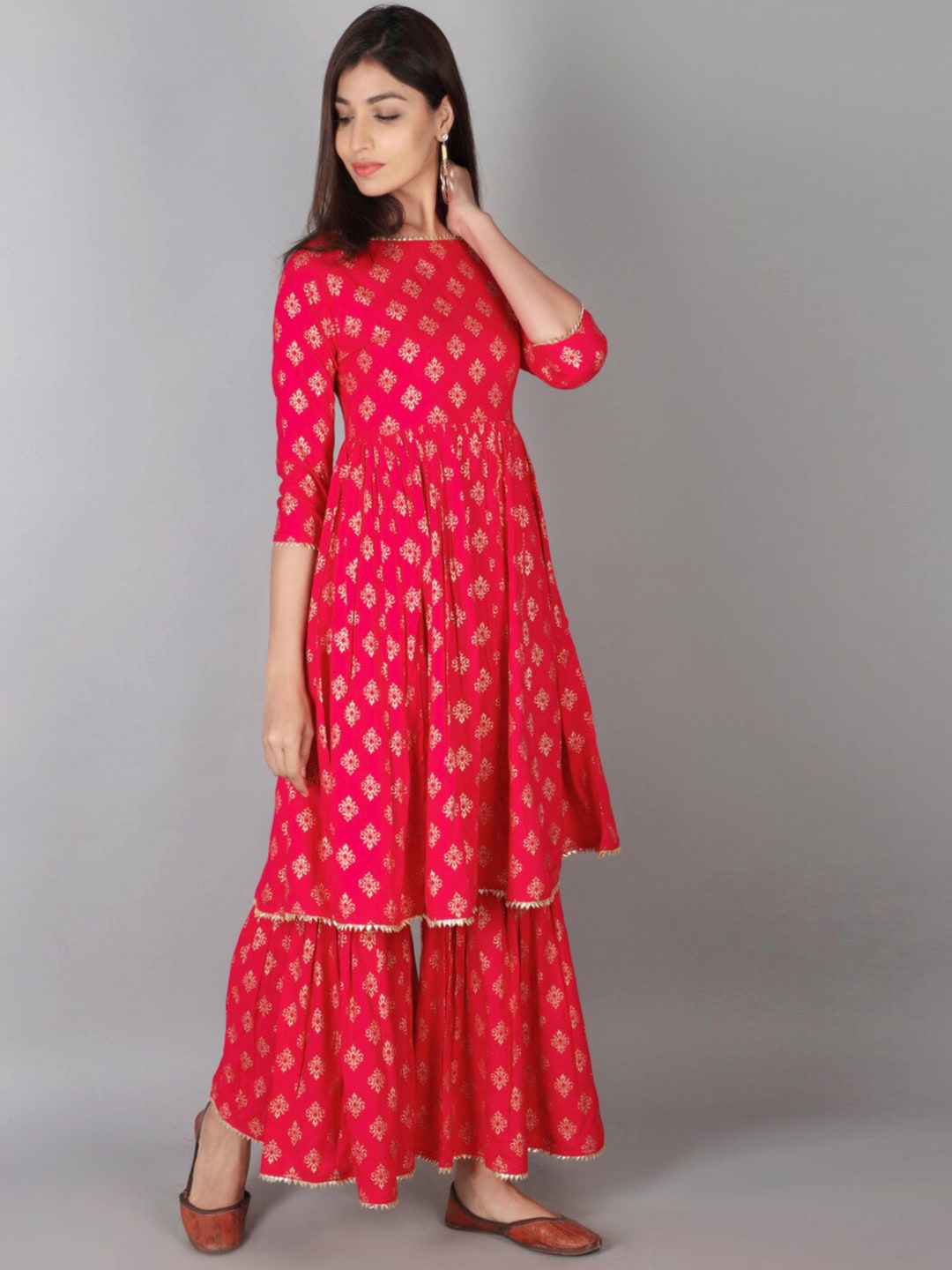 Kalini Women Pink Ethnic Motifs Printed Panelled Kurta with Sharara - Distacart