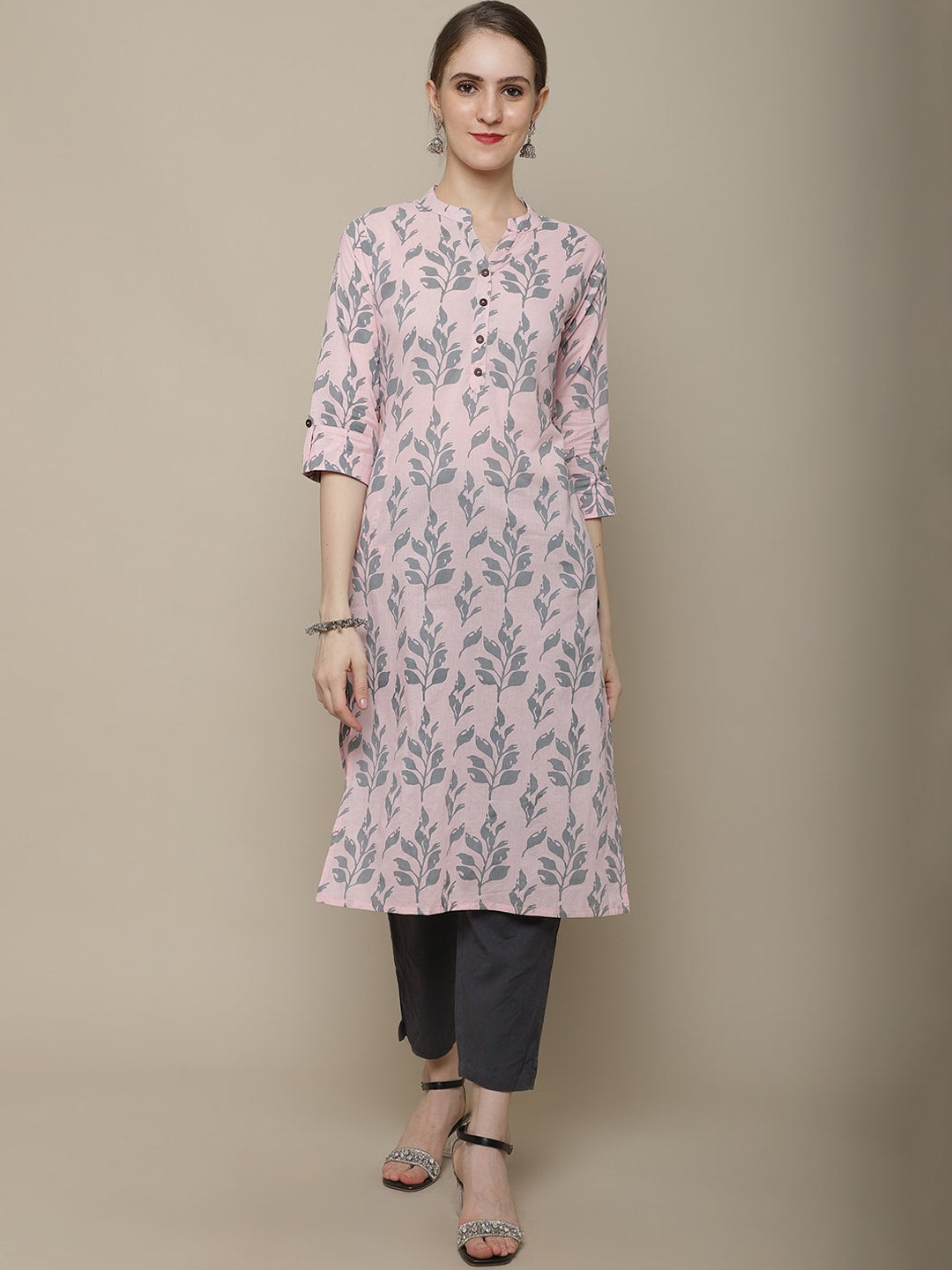 Sangria Women Pink & Grey Floral Printed Kurta - Distacart