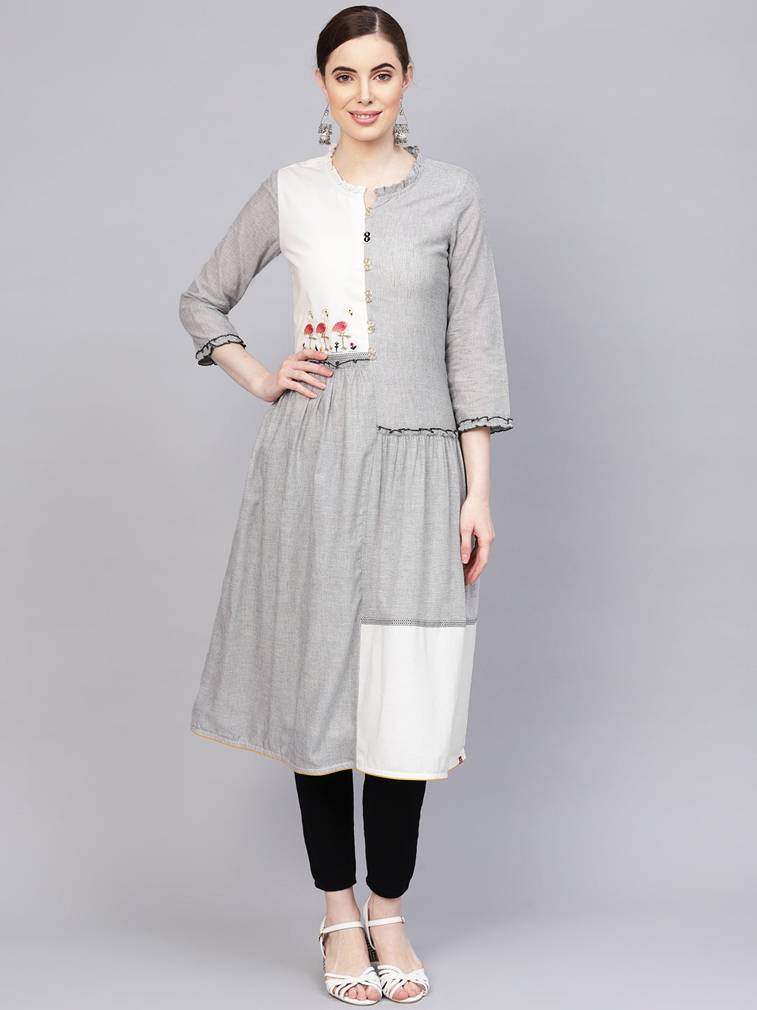 Biba Women Grey & White Colourblocked Tiered A-Line Kurta - Distacart
