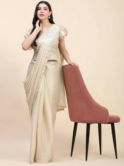 Beige Silk Satin Sequence Work Ready to Wear Saree with stitched Blouse - Nirvana - Distacart
