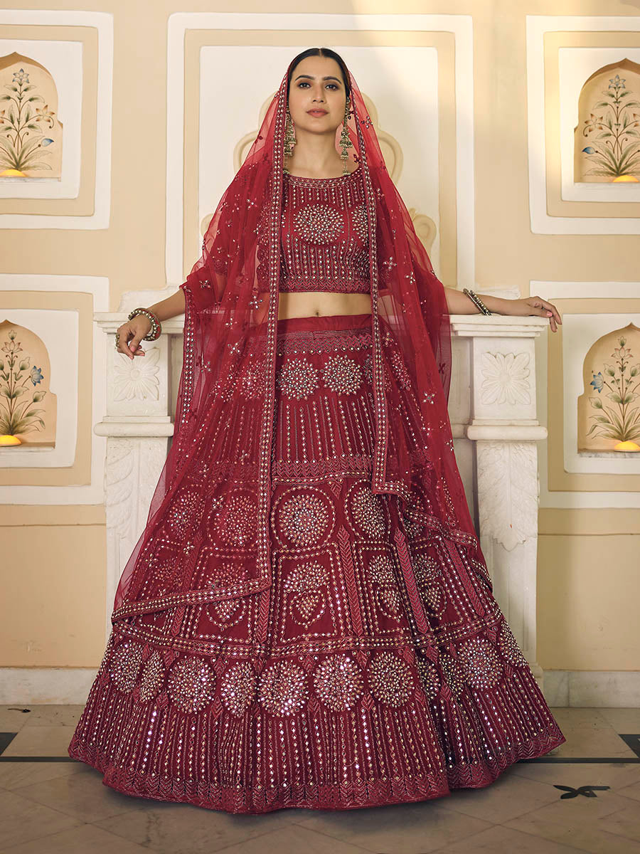 Myra Maroon Soft Net Embroidered Lehenga - Distacart