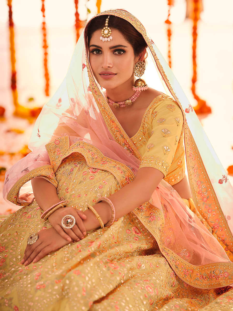 Myra Yellow Organza Embroidered Designer Lehenga - Distacart