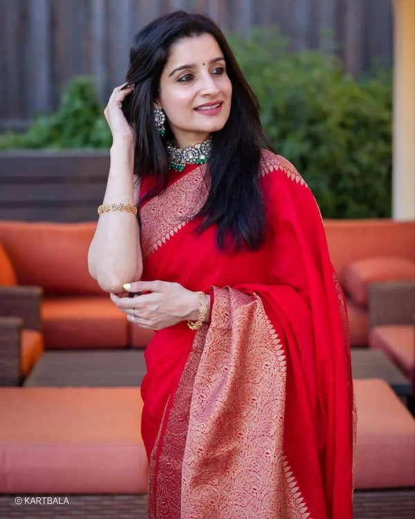 DEIANA'S Beautiful Golden Jari with New Design Soft Lichi Silk Saree - Red - Distacart
