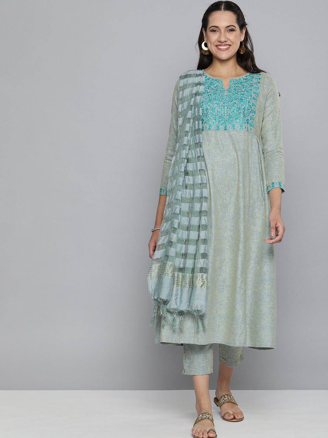 HERE&NOW Grey & Blue Embroidered Cotton Kurta with Trousers & With Dupatta - Distacart