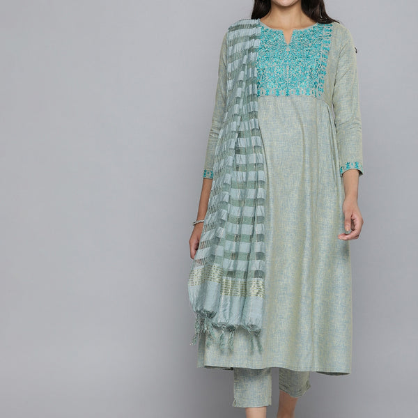 HERE&NOW Grey & Blue Embroidered Cotton Kurta with Trousers & With Dupatta - Distacart
