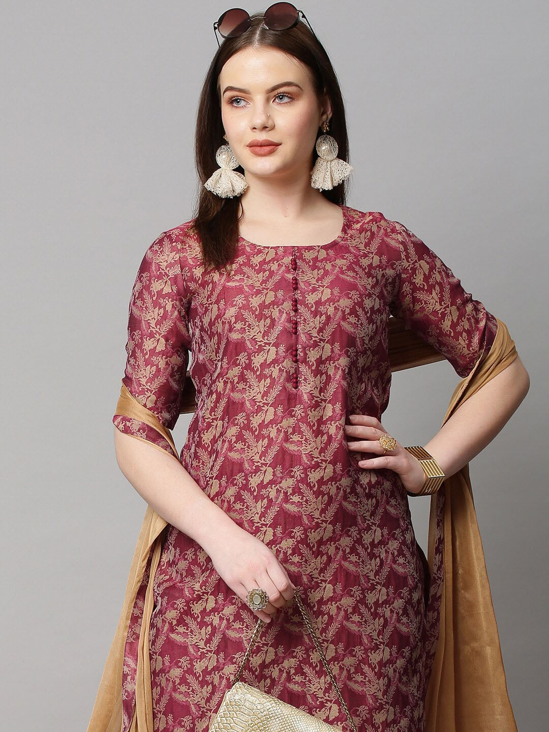 Kalini Women Red Floral Woven Kurta with Trousers & Dupatta - Distacart