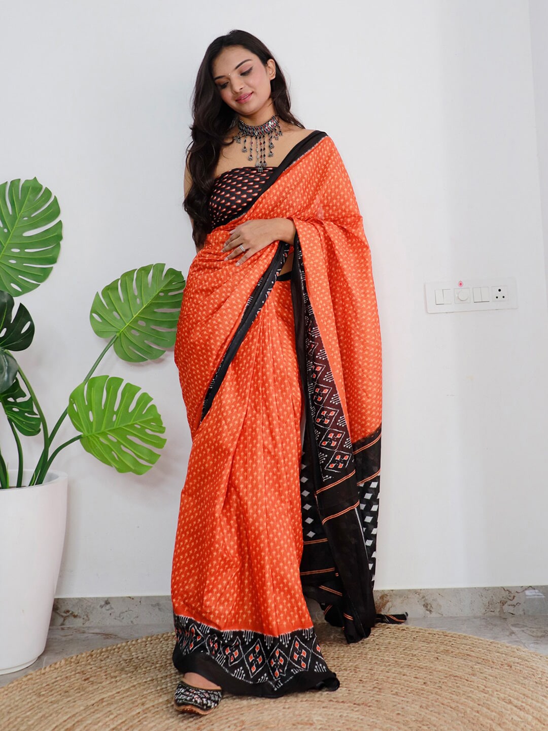 Saree Mall Orange & Black Ethnic Motifs Printed Pure Cotton Sarees - Distacart
