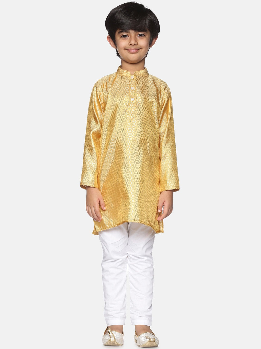 Sethukrishna Boys Gold-Toned & White Woven Design Kurta with Pyjamas - Distacart