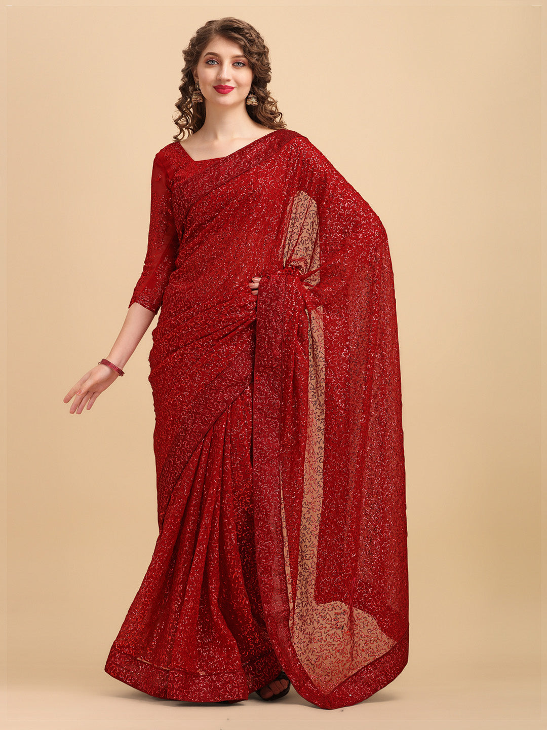 Sangria Maroon Embellished Sequinned Pure Georgette Saree - Distacart