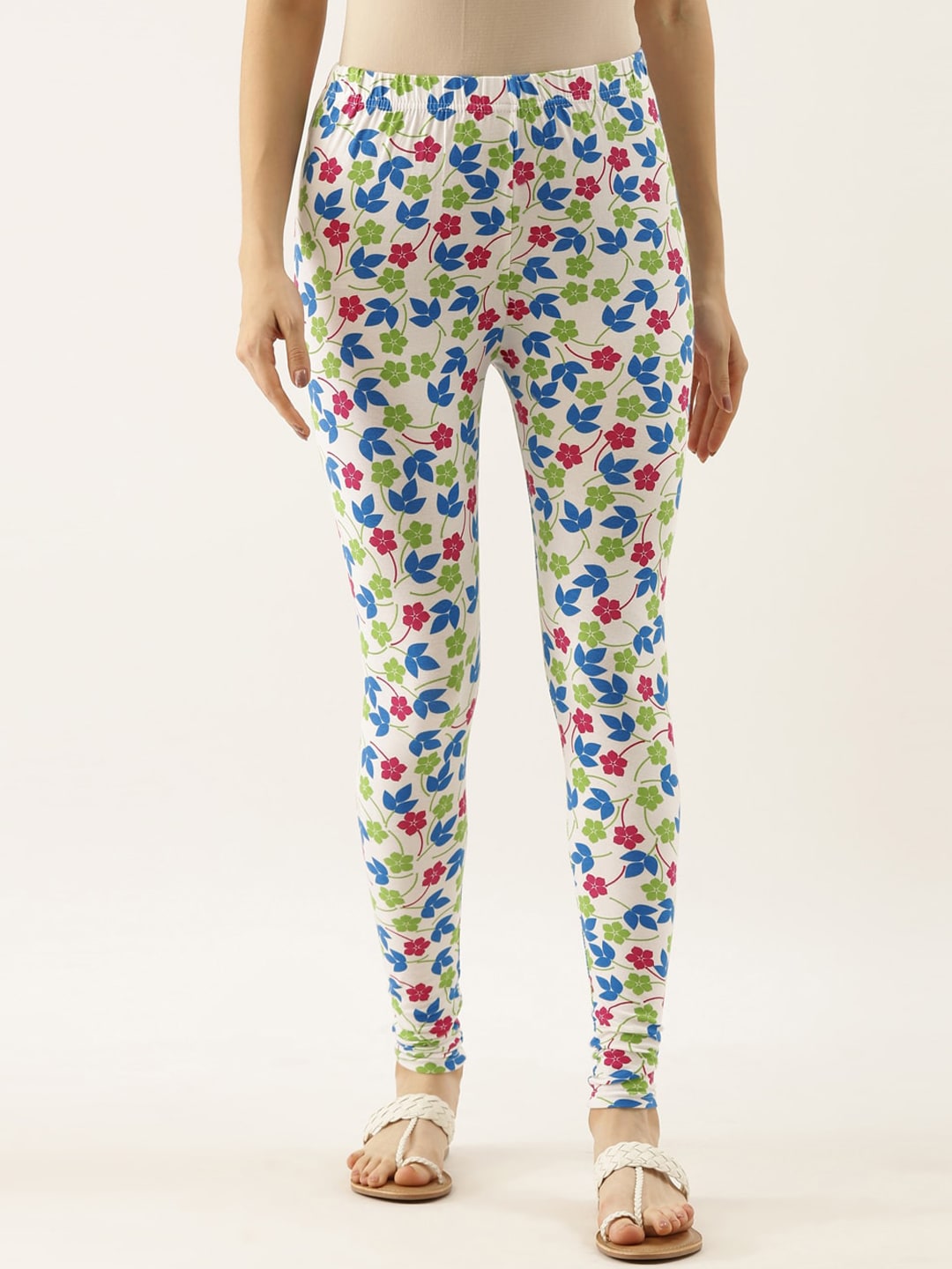 Souchii White & Blue Printed Slim-Fit Ankle-Length Leggings - Distacart