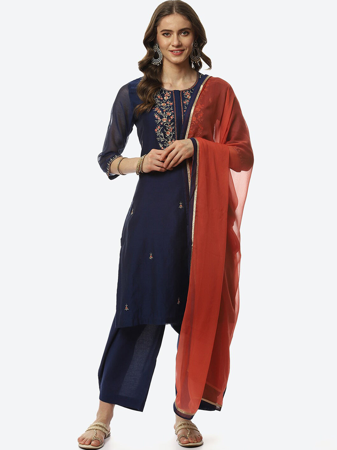 Biba Women Navy Blue Floral Embroidered Kurta with Trousers & With Dupatta - Distacart