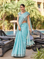Thumbnail for Mitera Blue & Silver-Toned Floral Embroidered Zari Pure Linen Banarasi Saree - Distacart