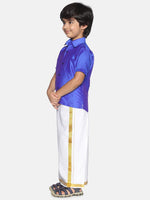 Thumbnail for Sethukrishna Boys Blue & White Solid Shirt with Veshti Set - Distacart