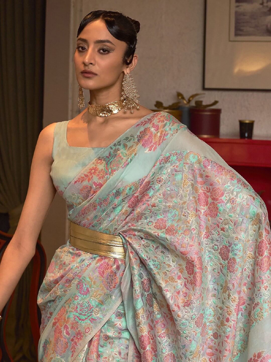 Mitera Turquoise Blue & Pink Floral Zari Silk Blend Banarasi Saree - Distacart