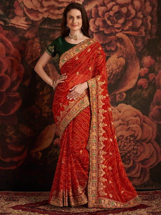 Anouk Red & Green Printed & Embroidered Pure Georgette Bandhani Saree - Distacart