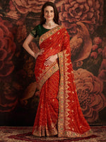 Thumbnail for Anouk Red & Green Printed & Embroidered Pure Georgette Bandhani Saree - Distacart