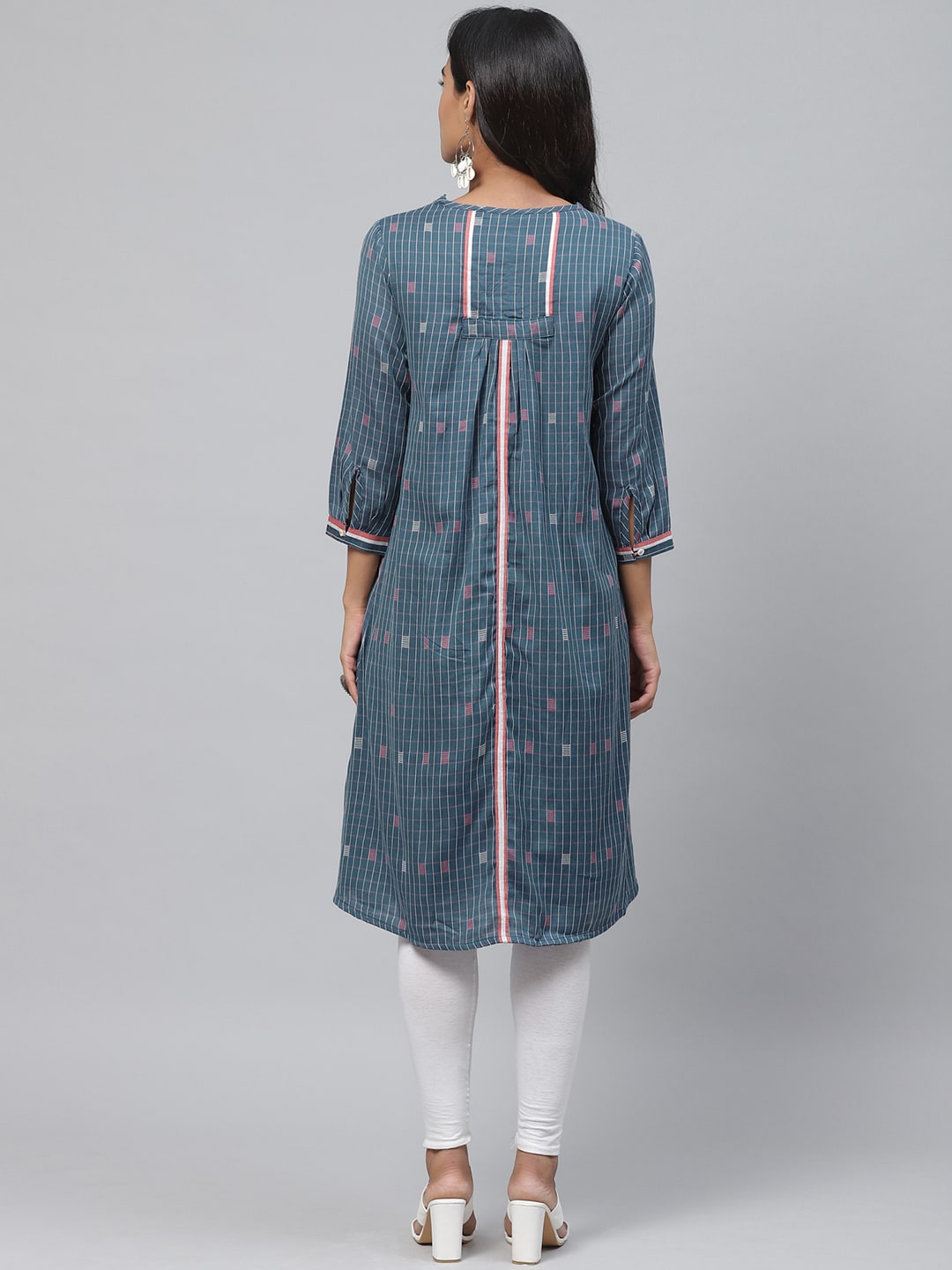 Biba Women Blue & White Checked A-Line Kurta - Distacart