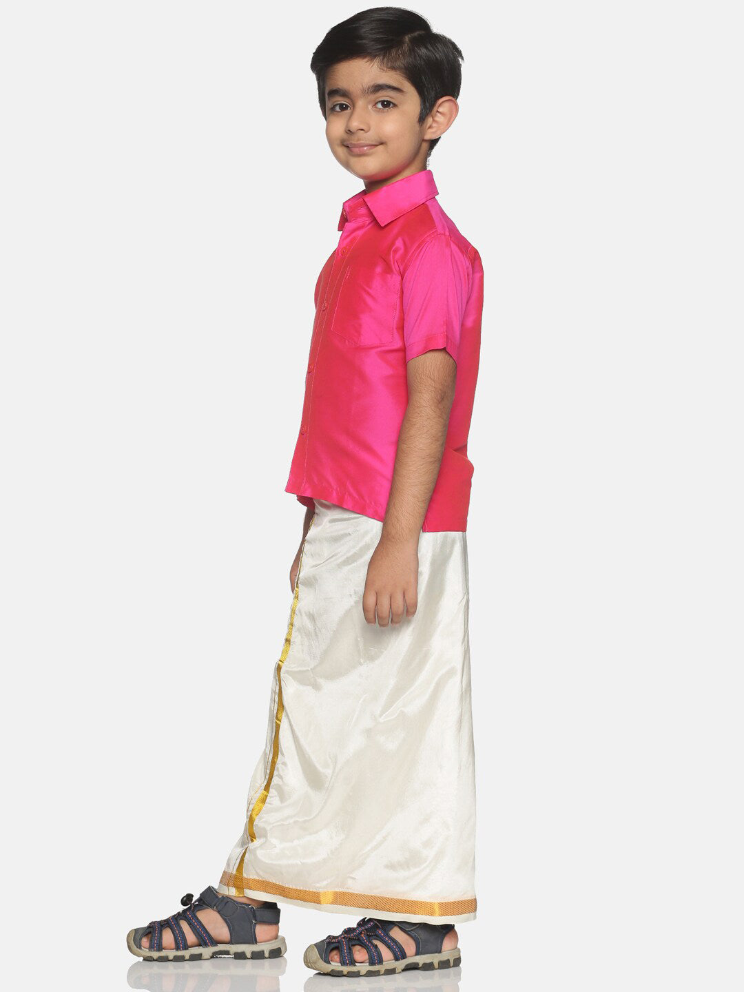 Sethukrishna Boys Pink & Cream-Coloured Solid Shirt and Veshti Set - Distacart