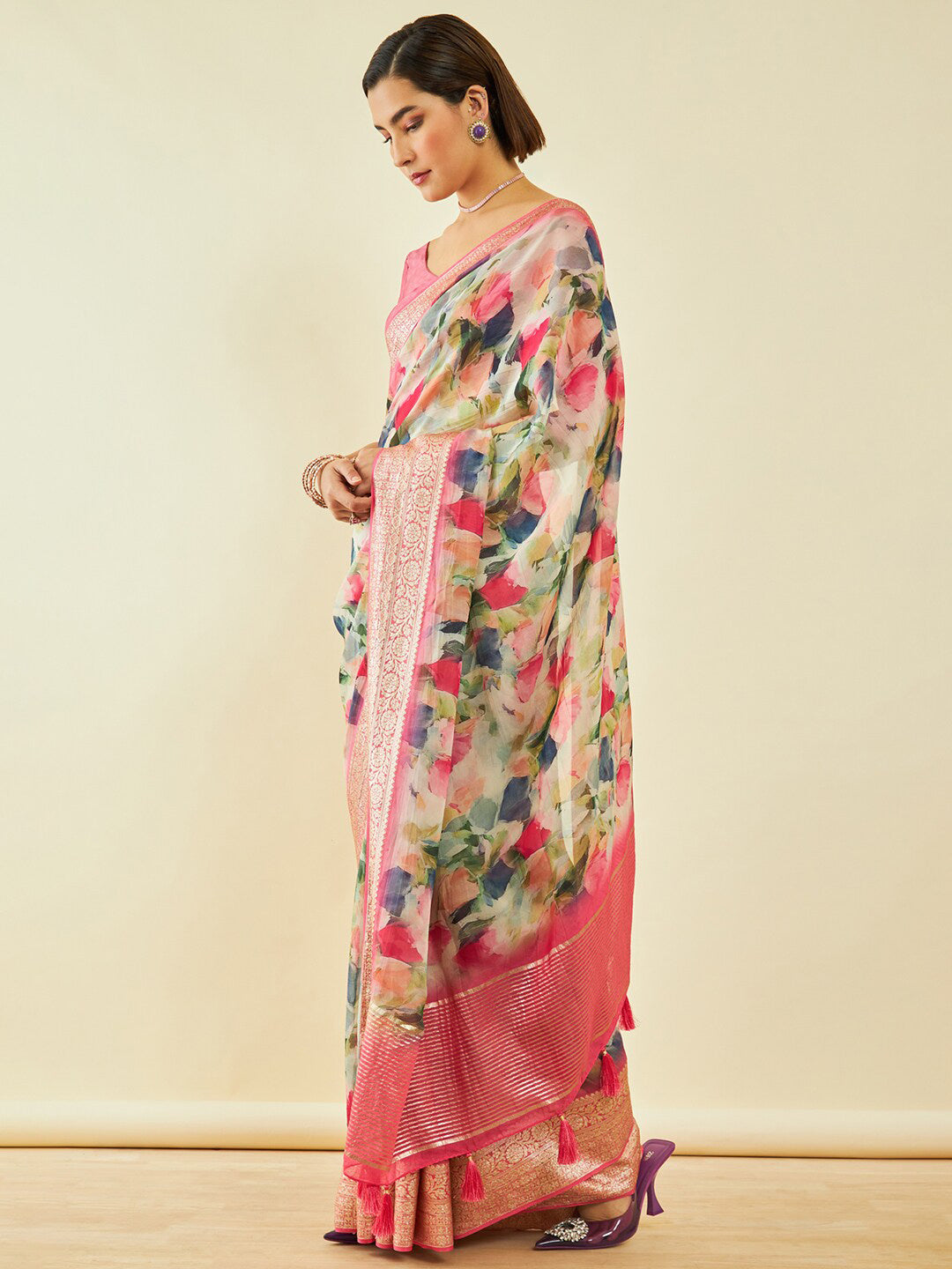 Soch Floral Zari Organza Saree - Distacart