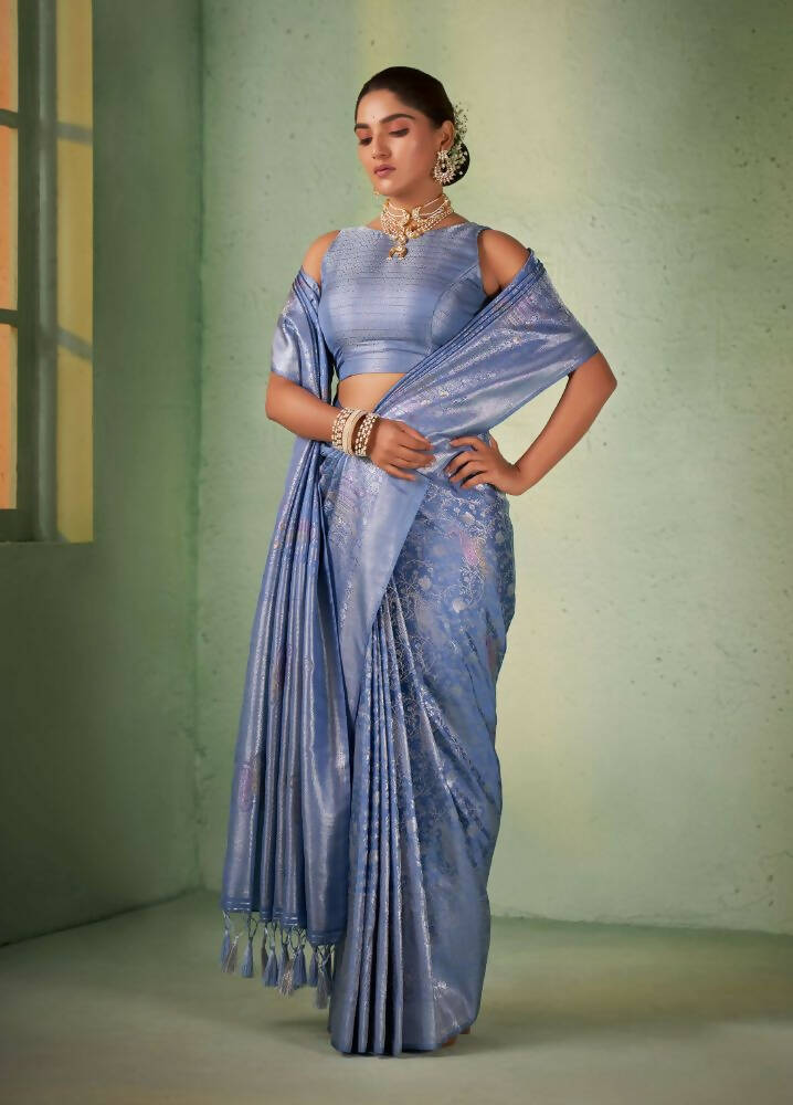 Charming Designer Greyish Blue Color Kanjivaram Silk Saree With Weaving Work - Yomika Fashions - Distacart
