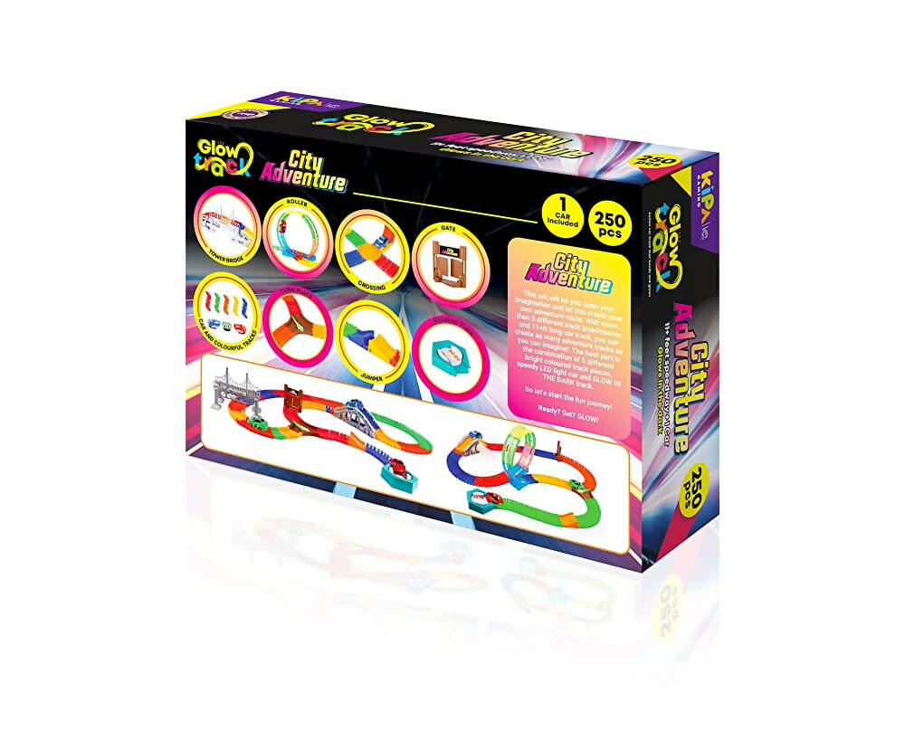 Kipa City Adventure 1 Magic Race car with 249 Bend Flex and Glow Tracks, Plastics brigde,Jumper,Crossing, Gate,Turn Plate, Rotation Plate Set for Kids - Distacart