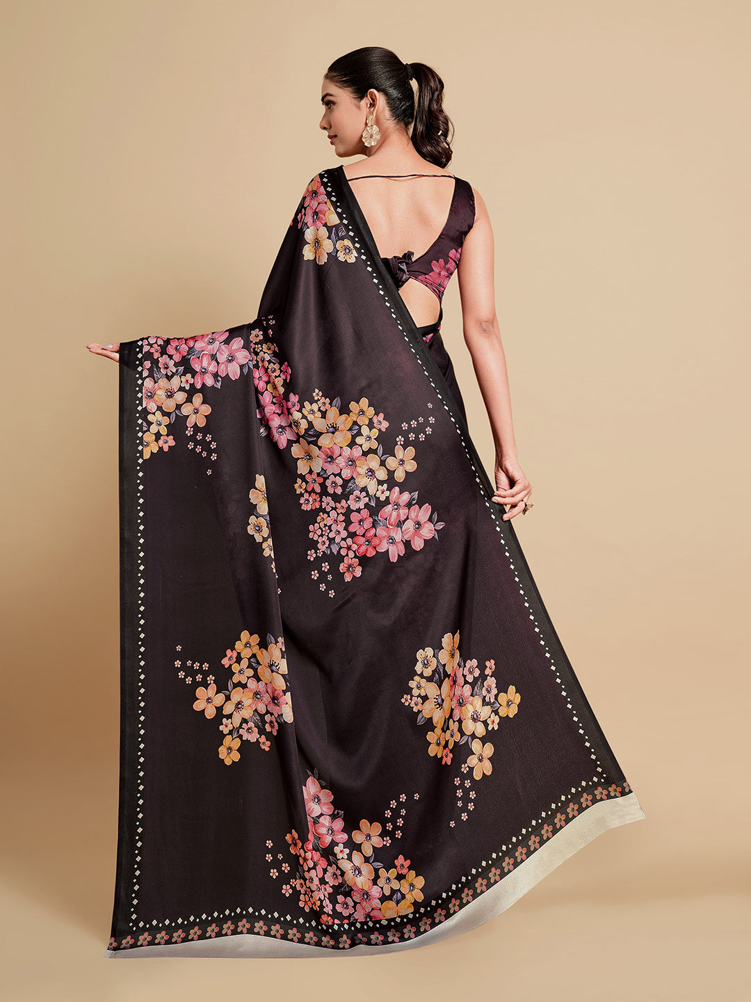 Sangria Black & Burgundy Floral Zari Satin Saree - Distacart