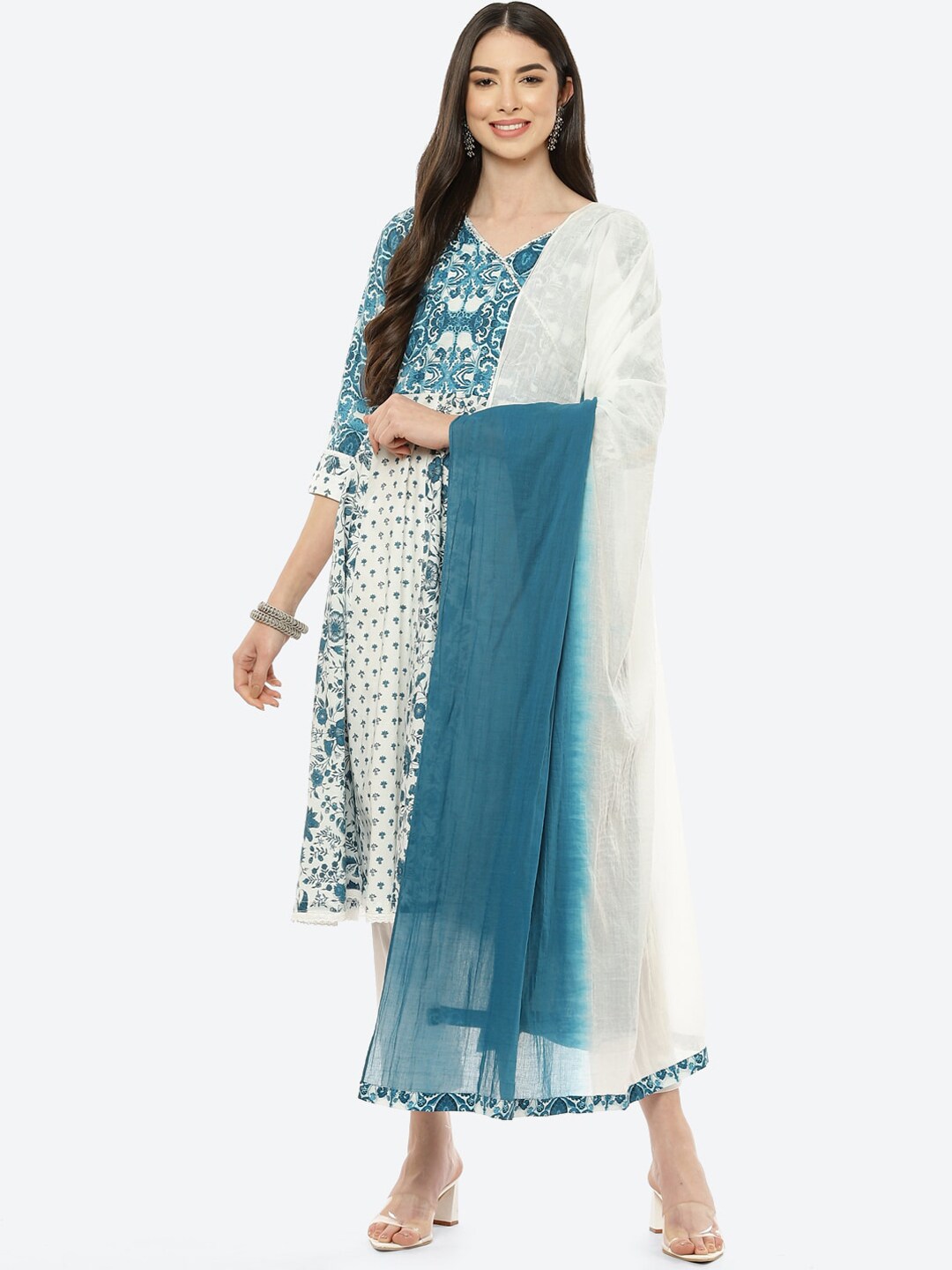 Biba Women Blue Floral Printed Empire Pure Cotton Kurta with Trousers & Dupatta - Distacart