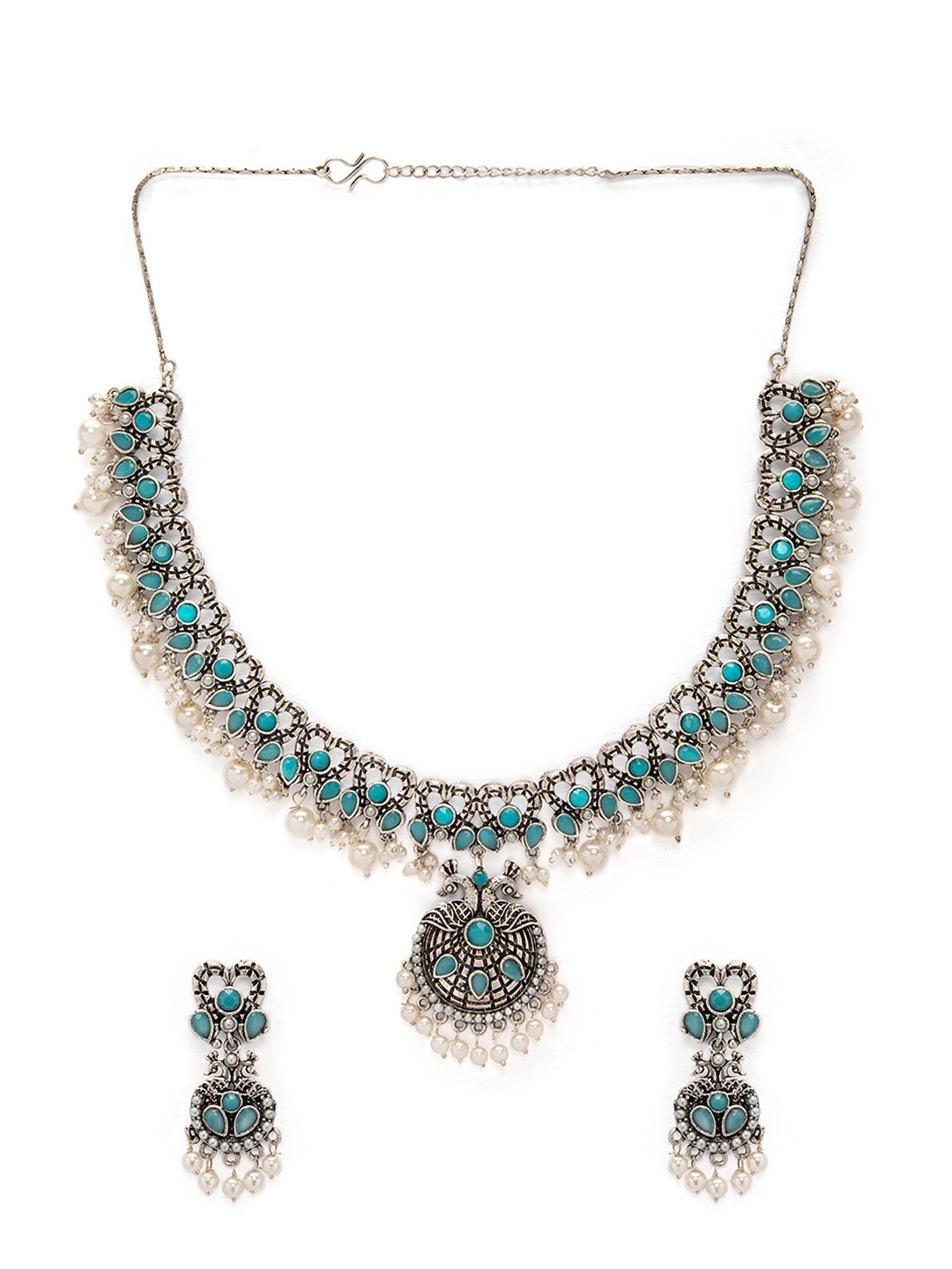 Rubans Women Oxidised Silver-Toned, Blue & White Stone & Pearl Embellished Handcrafted Jewellery Set - Distacart