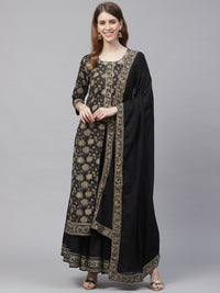 Thumbnail for Ishin Women Black & Beige Gotta Patti Floral Foil Printed High Slit Kurta Set - Distacart