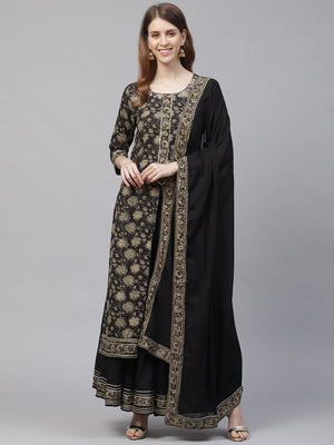 Ishin Women Black & Beige Gotta Patti Floral Foil Printed High Slit Kurta Set - Distacart