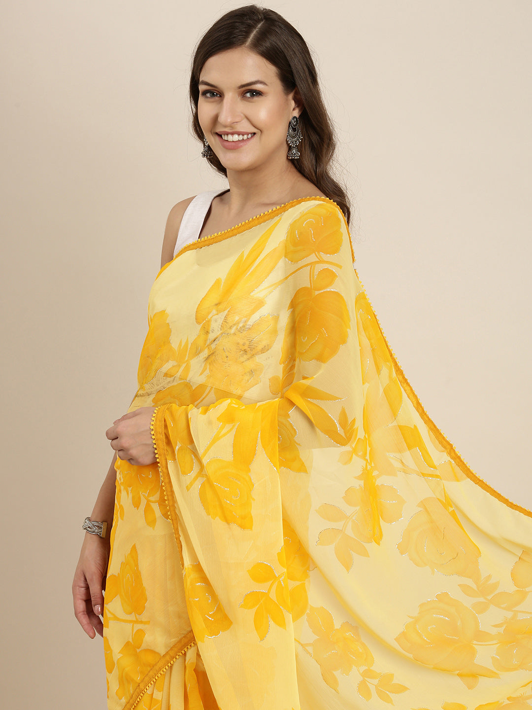 Sangria Yellow Floral Pure Chiffon Saree - Distacart