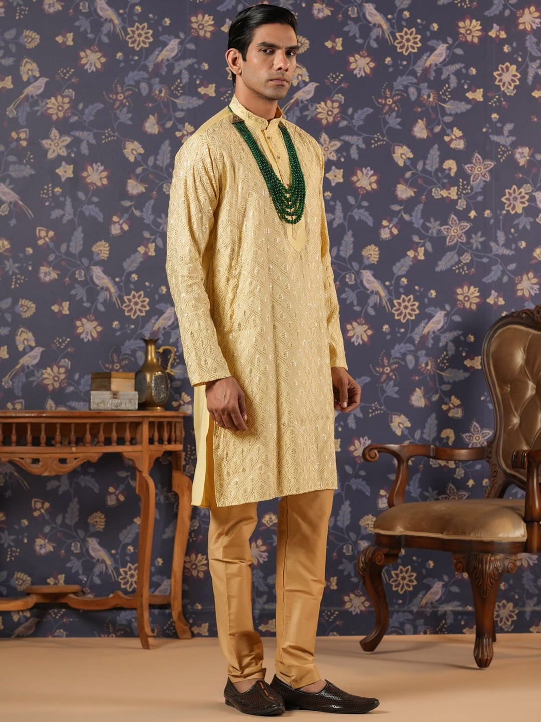 House of Pataudi Ethnic Motifs Embroidered Mandarin Collar Straight Kurta With Churidar - Distacart