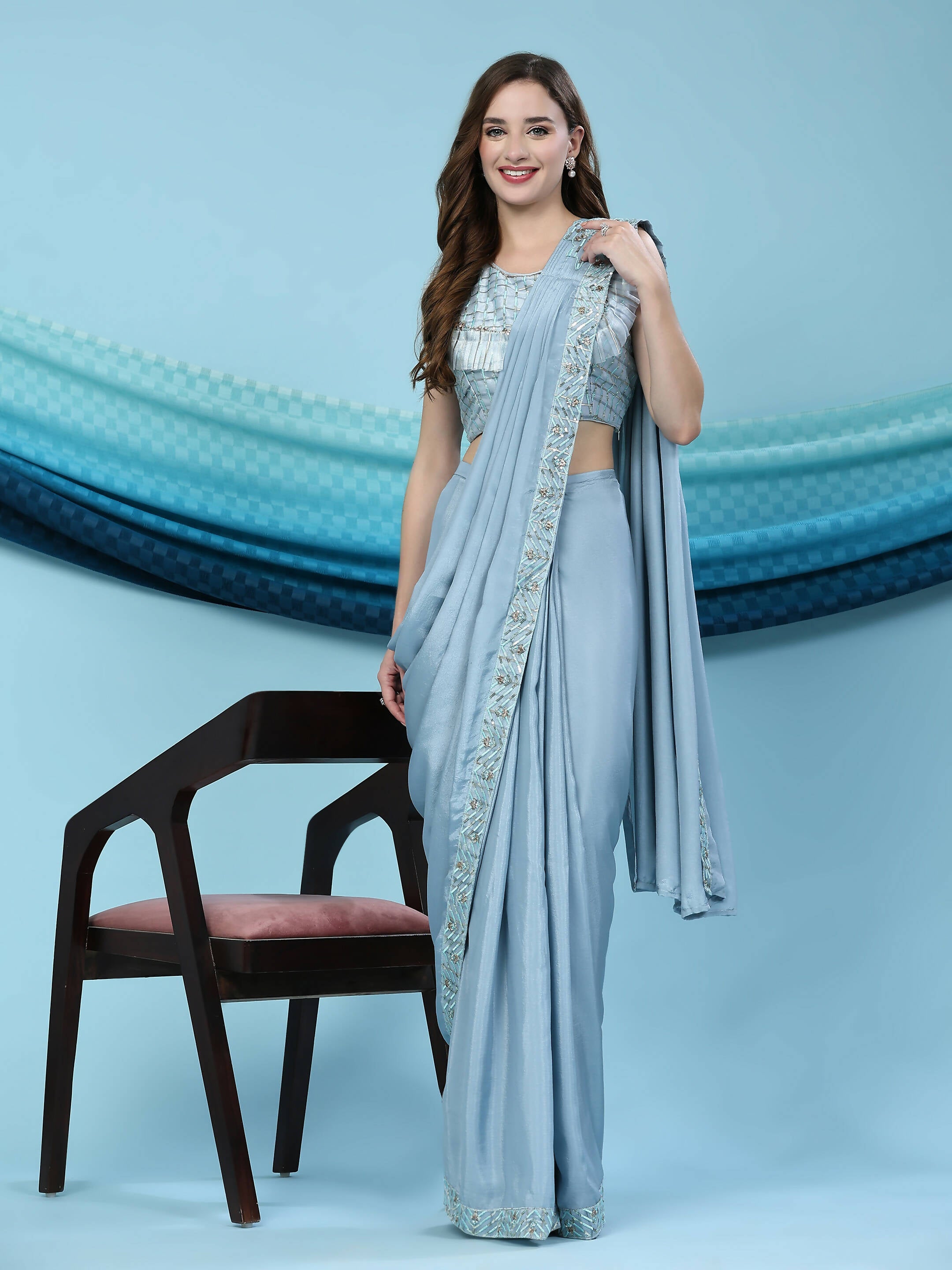 Blue Silk Satin Solid Ready to wear Saree with stitched Blouse - Satiksha - Distacart