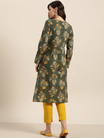 Thumbnail for Sangria Women Olive Green & Mustard Yellow Pure Cotton Floral Printed Kurta - Distacart