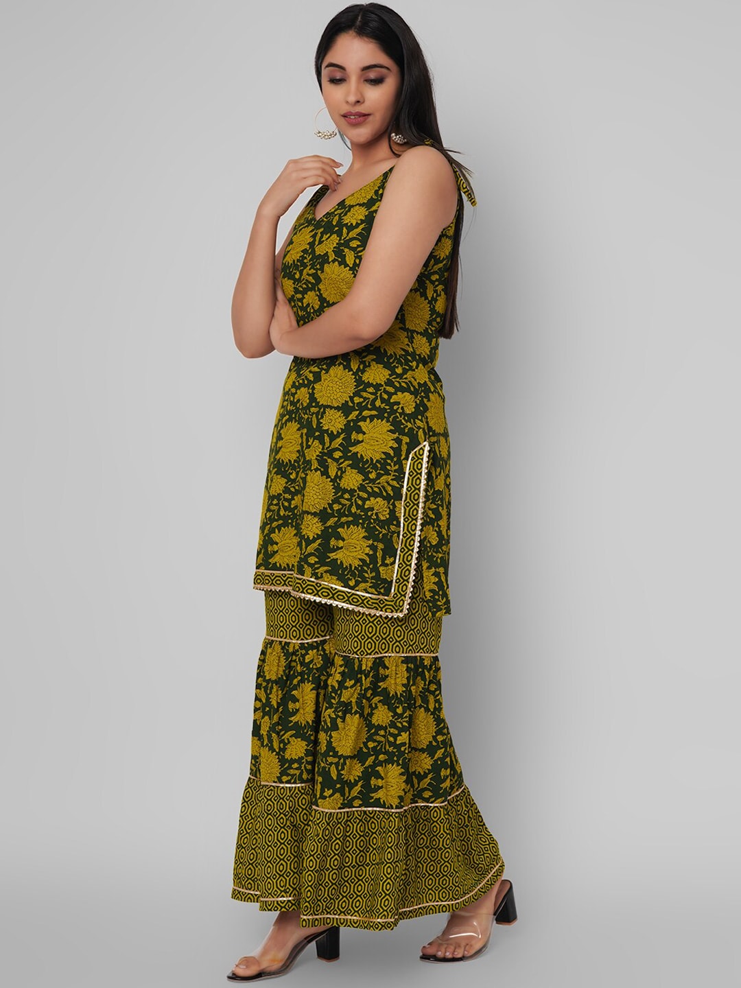 Kalini Women Green Floral Printed Gotta Patti Kurta with Sharara - Distacart