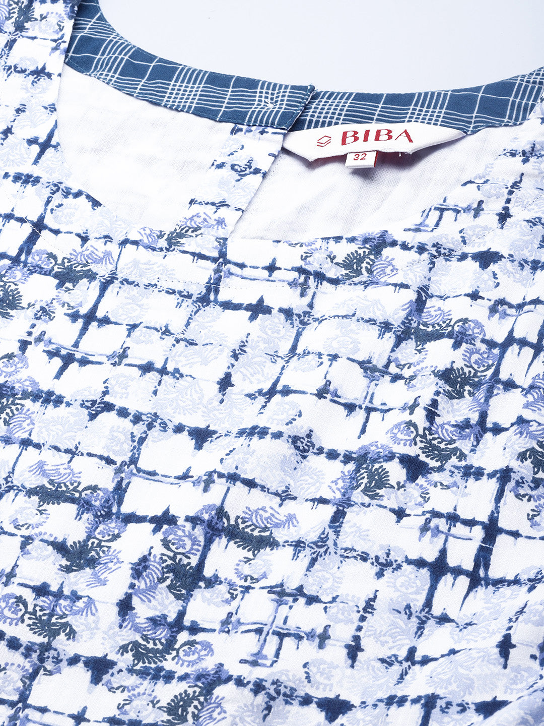 Biba Women White & Navy Blue Pure Cotton Checked A-Line Kurta - Distacart