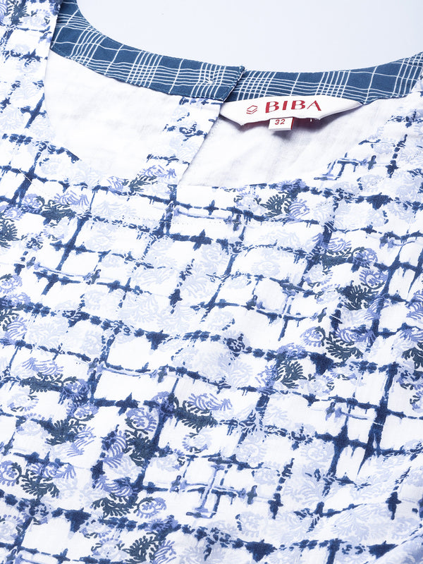 Biba Women White & Navy Blue Pure Cotton Checked A-Line Kurta - Distacart
