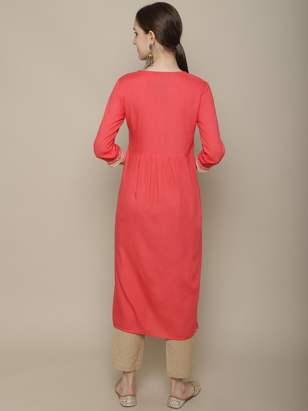 Sangria Women Coral Ethnic Motifs Yoke Design Kurta - Distacart
