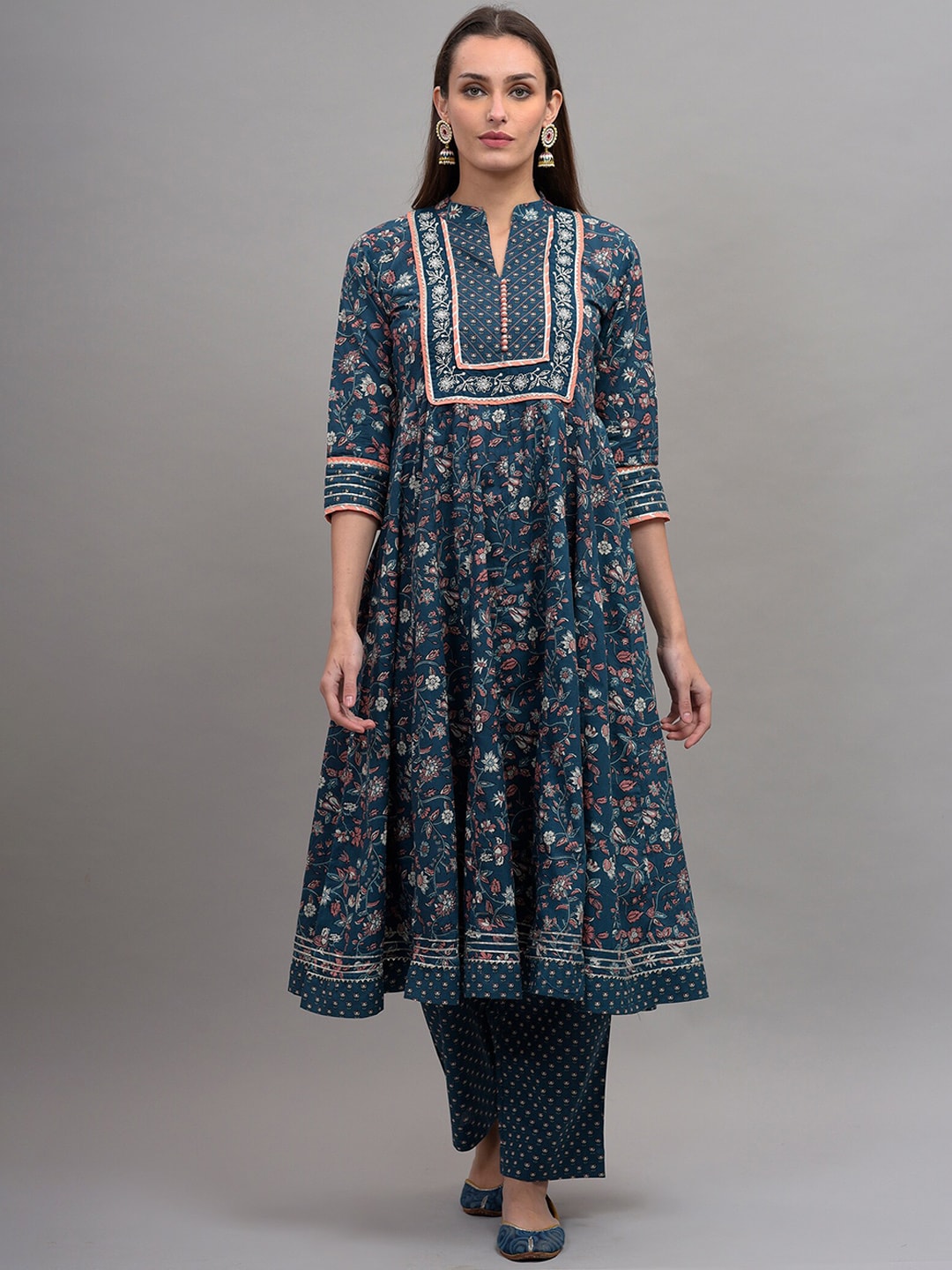 Kalini Women Floral Printed Panelled Gotta Patti Pure Cotton Kurta With Trousers & Dupatta - Distacart
