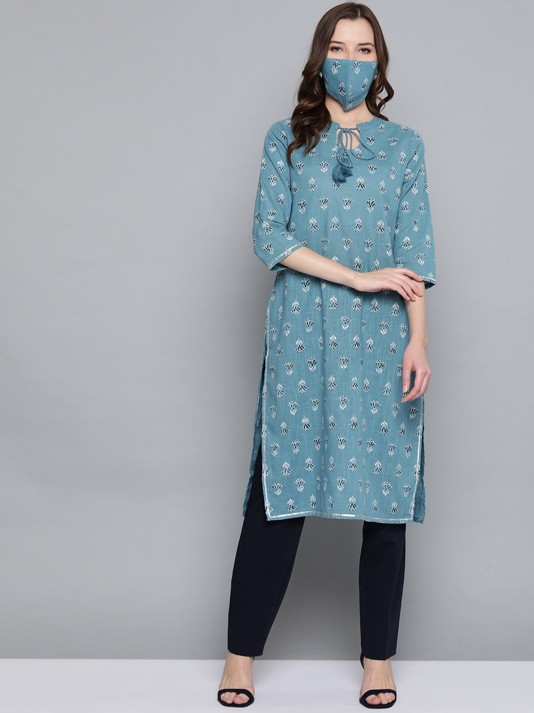HERE&NOW Women Blue White Printed Straight Kurta - Distacart