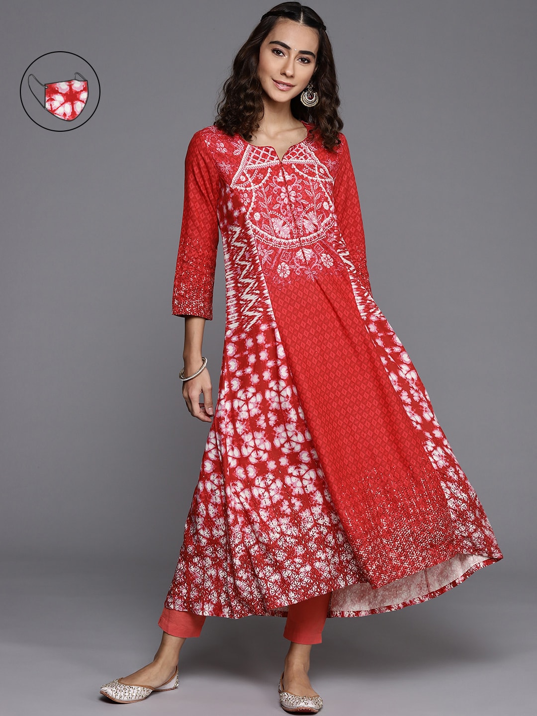 Biba Women Red & White Ethnic Motifs Printed Kurta & Mask - Distacart