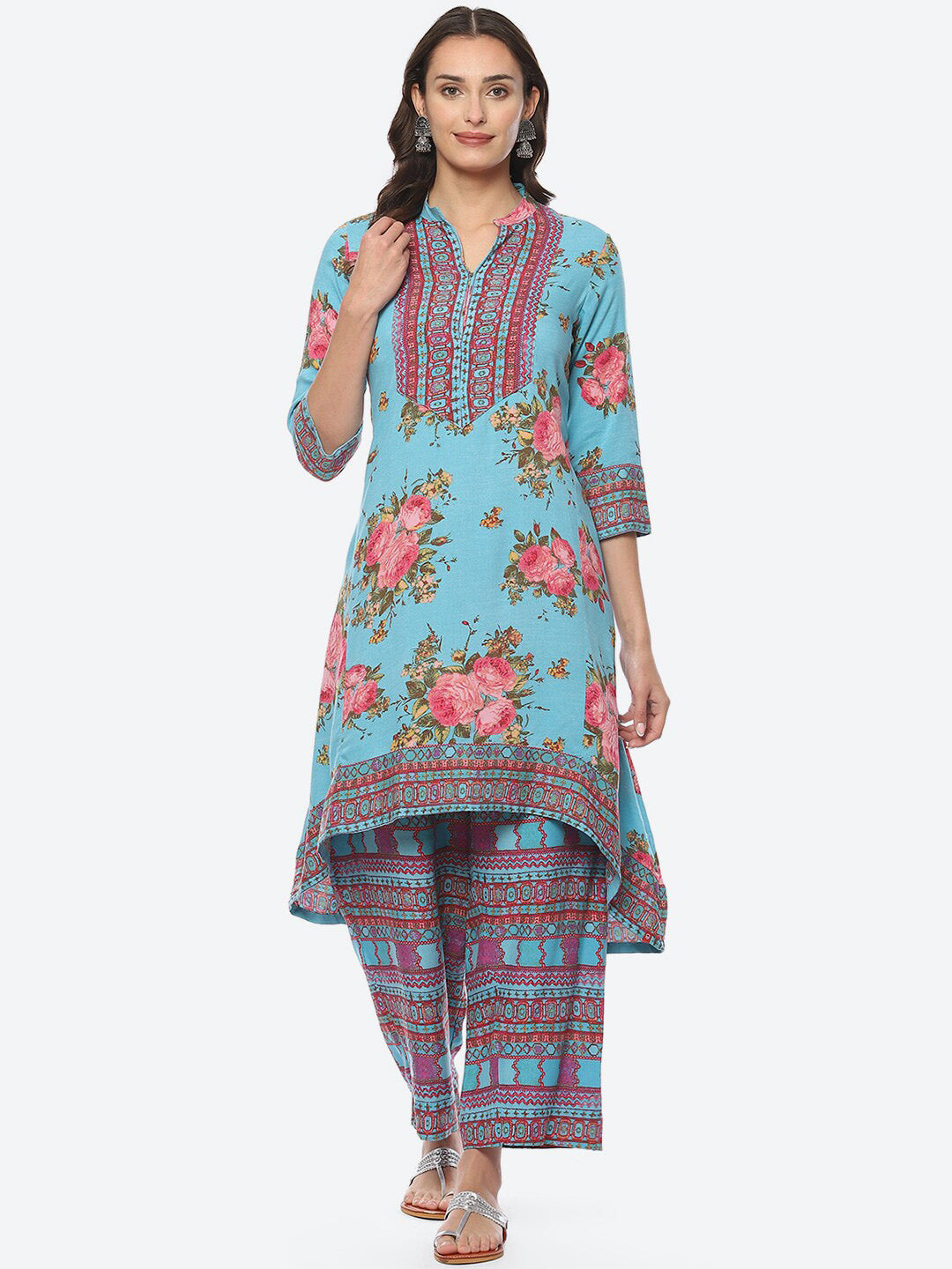 Biba Band Collar Floral Printed A-line Kurta With Palazzos - Distacart