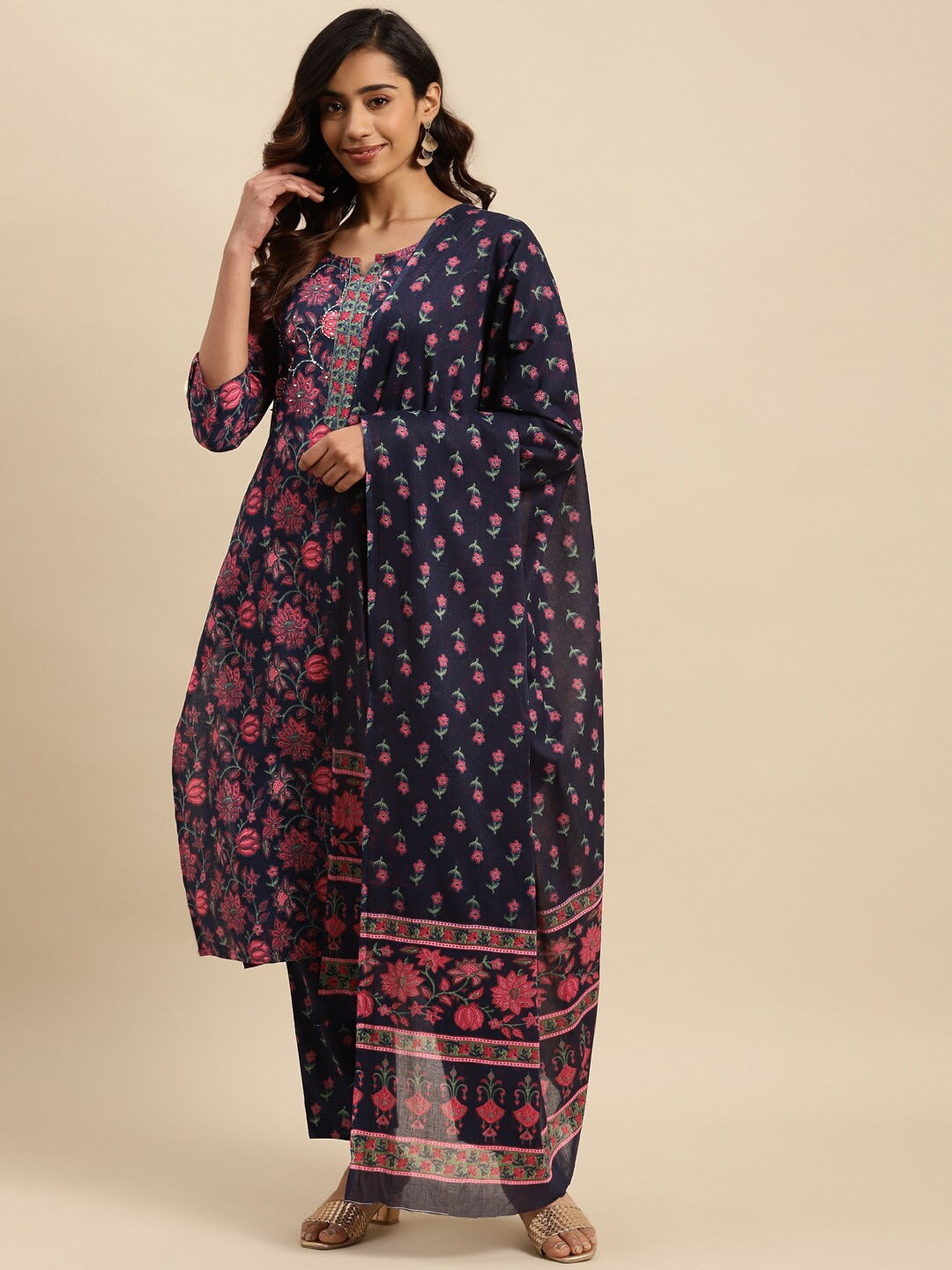 Sangria Navy Blue Floral Printed Beads and Stones Pure Cotton Kurta With Trouser & Dupatta - Distacart
