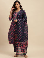 Thumbnail for Sangria Navy Blue Floral Printed Beads and Stones Pure Cotton Kurta With Trouser & Dupatta - Distacart