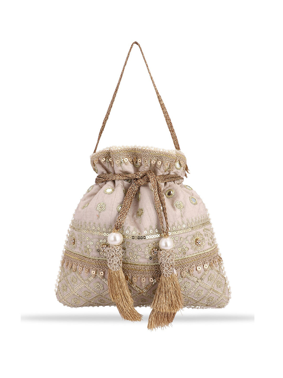 Masq Women Beige & Gold-Toned Embellished Potli - Distacart