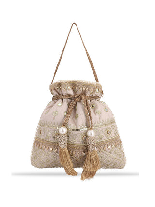 Masq Women Beige & Gold-Toned Embellished Potli - Distacart