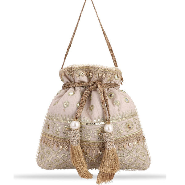 Masq Women Beige & Gold-Toned Embellished Potli - Distacart