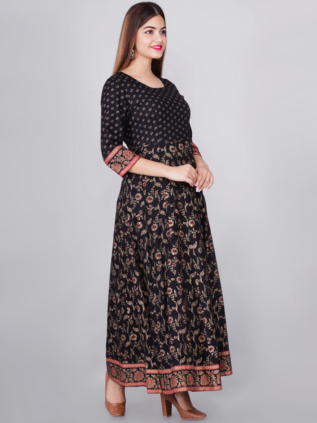 Kalini Women Black & Red Ethnic Motifs Printed Round Neck Cotton Anarkali Kurta - Distacart